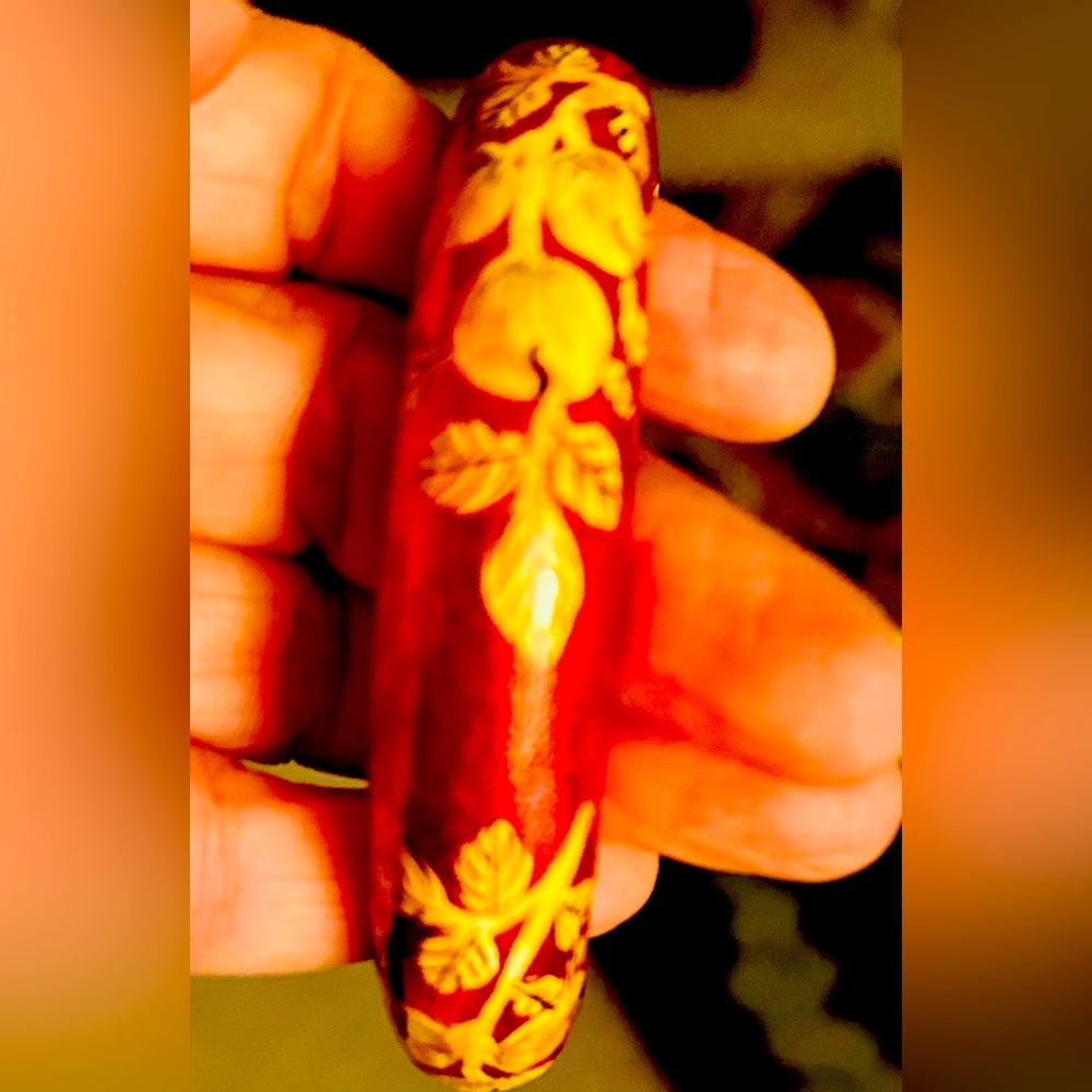 Bracelet, wood, hand painted, red and yellow